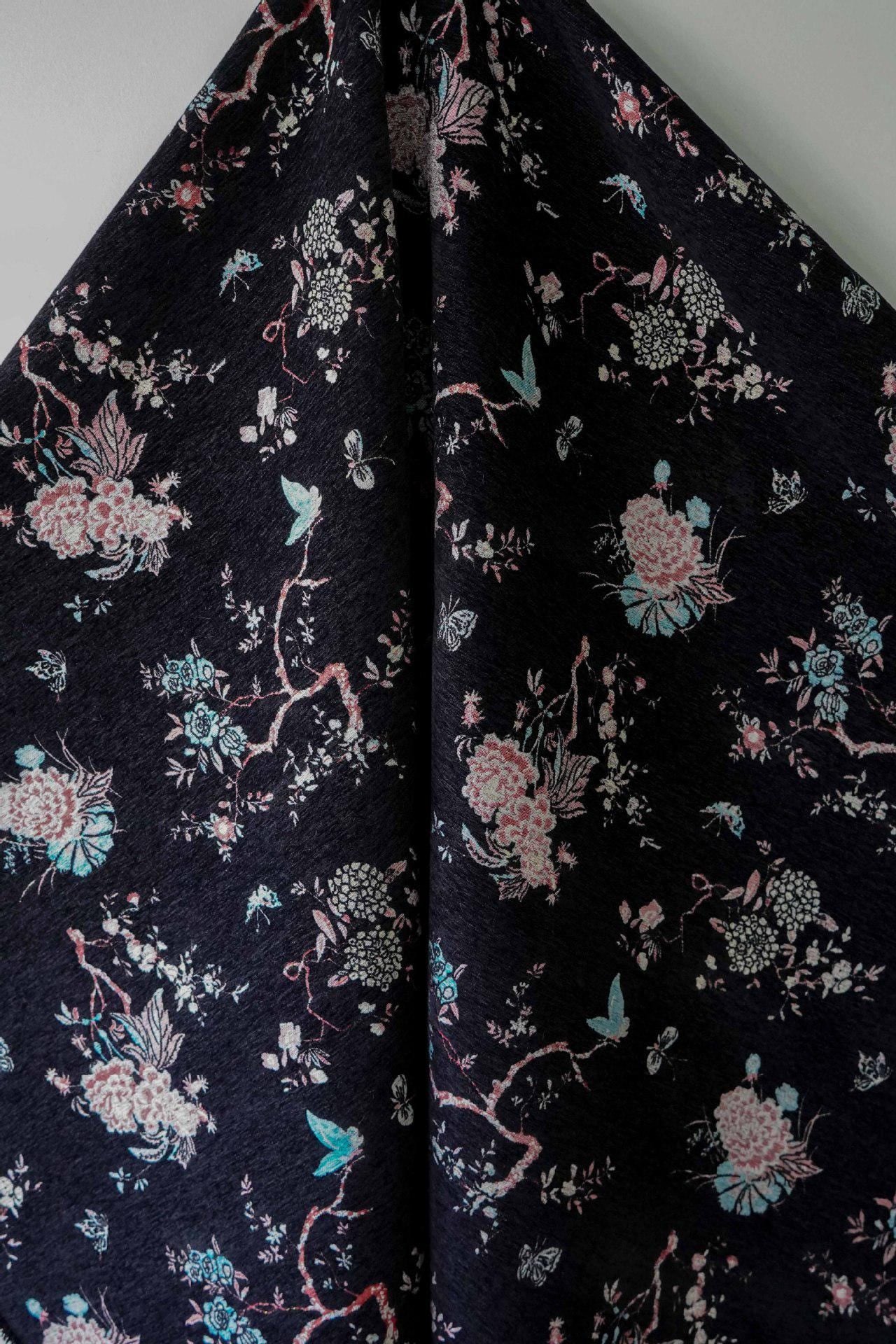 Retro Floral Chenille Jacquard Upholstery Fabric - Gold Thread, 59" Wide