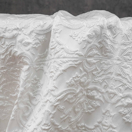 Pure white European Baroque Embossed Floral Scroll Jacquard Fabric, 55"Wide