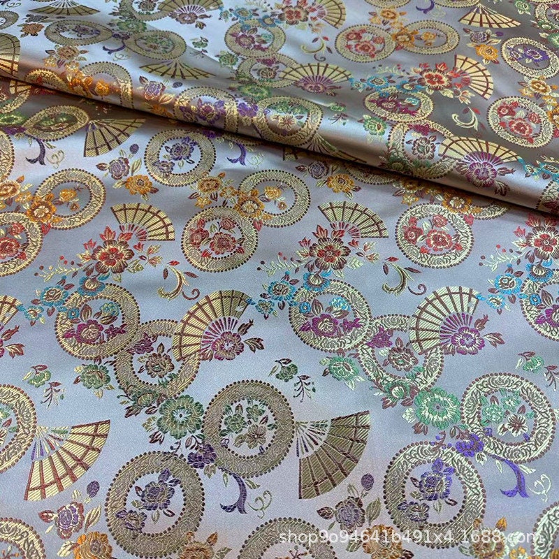 Gold Nishijin Brocade Fabric: Japanese Snow Wheel Fan & Cherry Blossom Silk (59"W)