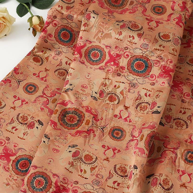 Lucky Elephant Tea Silk Satin Fabric: 59"W Green Upholstery