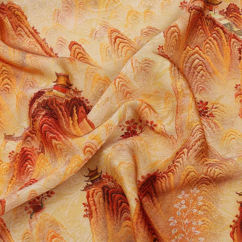 Tissu satiné à motifs orientaux : orange, bleu, 150 cm de large