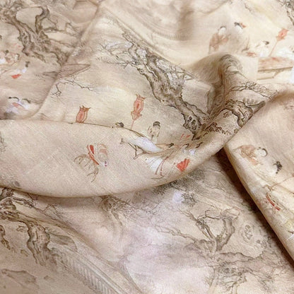 Tencel Ramie Fabric: Ancient Ladies Print, Sewing Material by Meter
