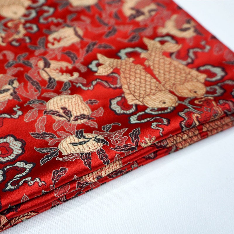 Chinese Silk Brocade Fabric: Pisces Double Fish Design, 29.5" Wide