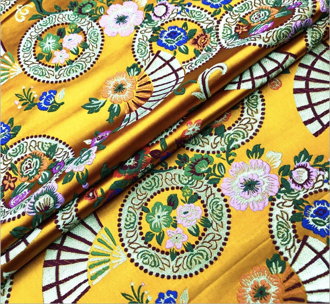 Nishijin Brocade Fabric: Japanese-Style Floral & Snow Wheel Fan, Gold Upholstery Sewing Fabric by Meter