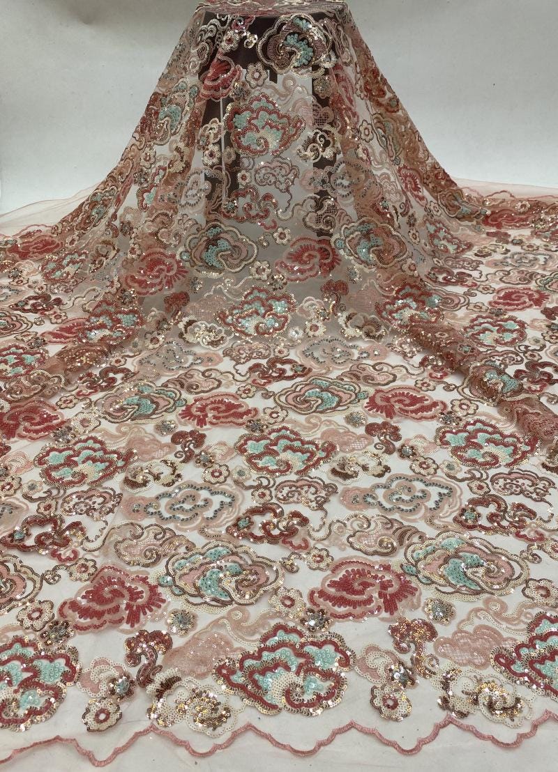 Auspicious Cloud Sequin Embroidery Fabric: Soft See-Through Polyester