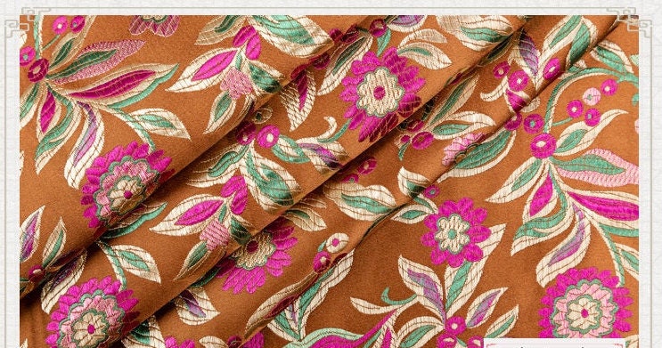 Floral Leaf Brocade Fabric: Chinese Style Silk Rayon Blend, 35" Wide