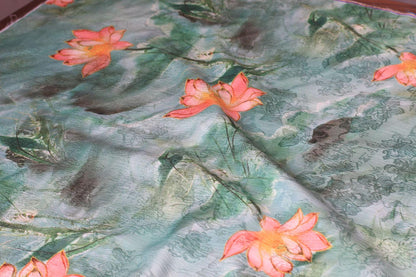 Floral Silky Satin Fabric: 59"W Ancient Painting Print