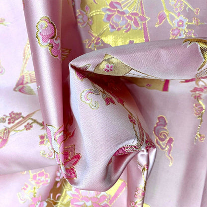 Pink Bird Jacquard Satin Fabric: Antique Cheongsam Brocade