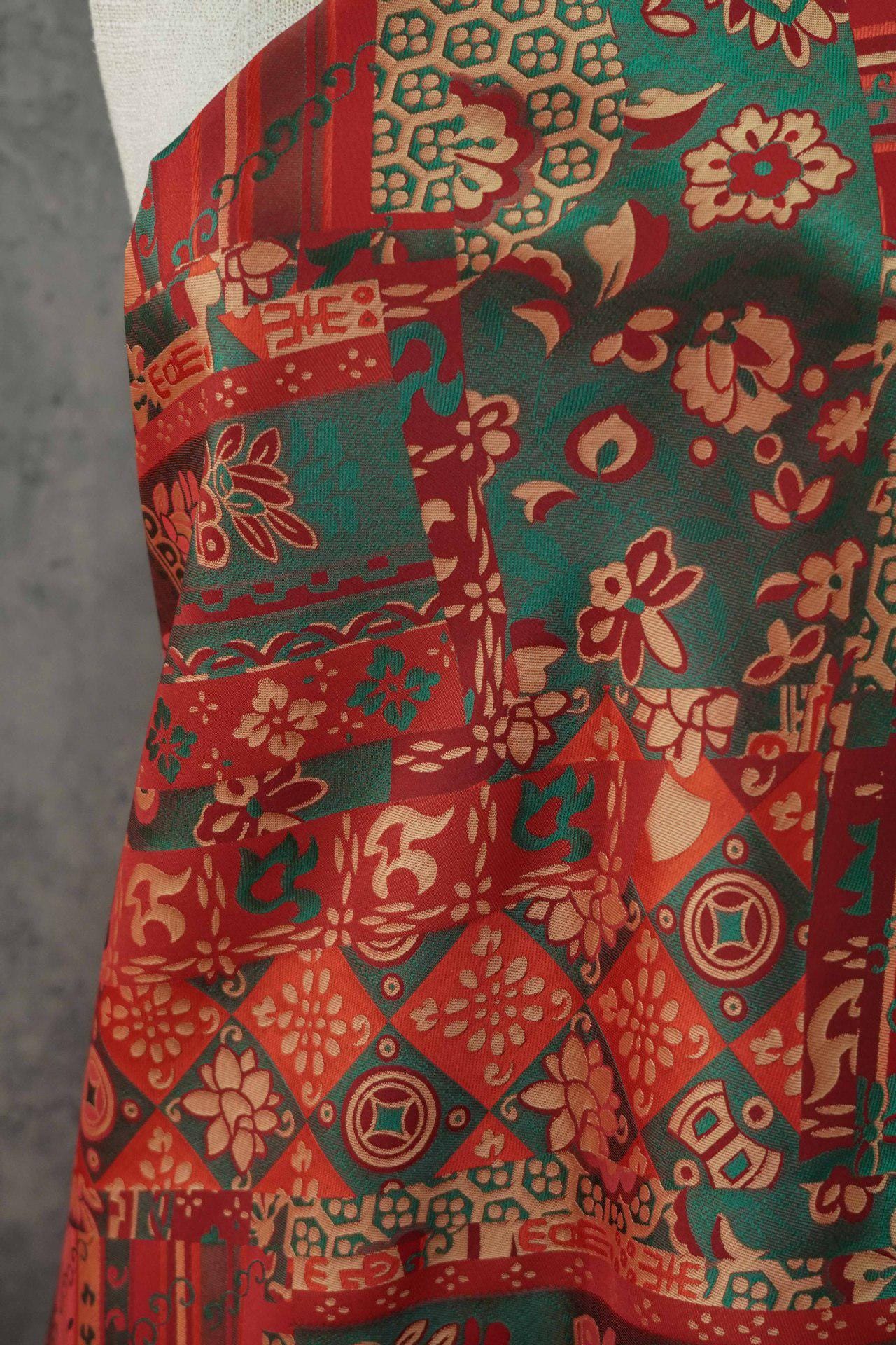 64"W Teal Jacquard Brocade Fabric ��� Longevity Peony Flower, High-Density Satin, Traditional Asian Textile for Quilting, Costumes, Home