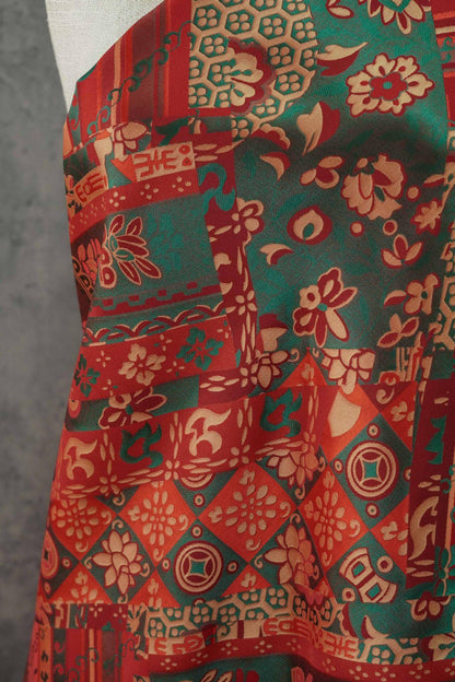 64"W Teal Jacquard Brocade Fabric ��� Longevity Peony Flower, High-Density Satin, Traditional Asian Textile for Quilting, Costumes, Home