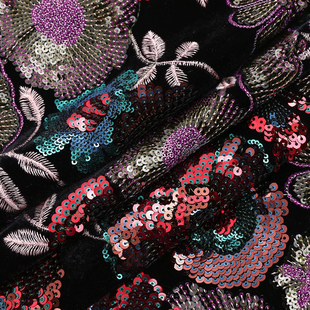 Embroidered Velvet Fabric: Bamboo Floral, 49��� Wide - Cheongsam, Upho