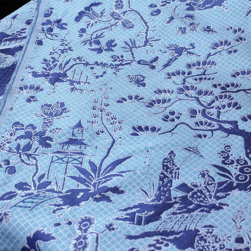 Reversible Jacquard Fabric: Ancient Painting Pattern, Blue Toile, 54"W - By The Yard