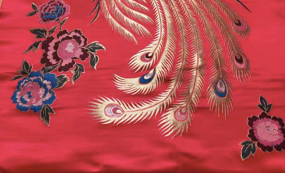 Red Phoenix Brocade Fabric: Chinese Jacquard Satin (29.5"W)