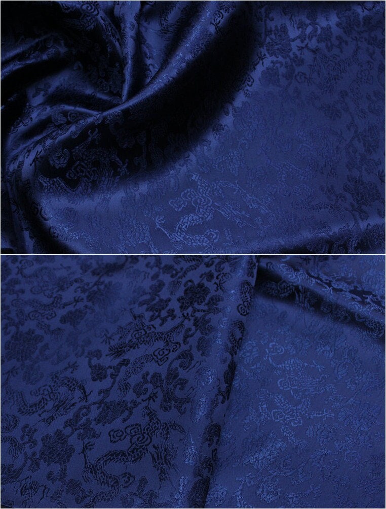 Tissu brocart bleu marine à motif dragon : mélange soie-rayonne, largeur 89 cm (35 po) - Vendu au mètre