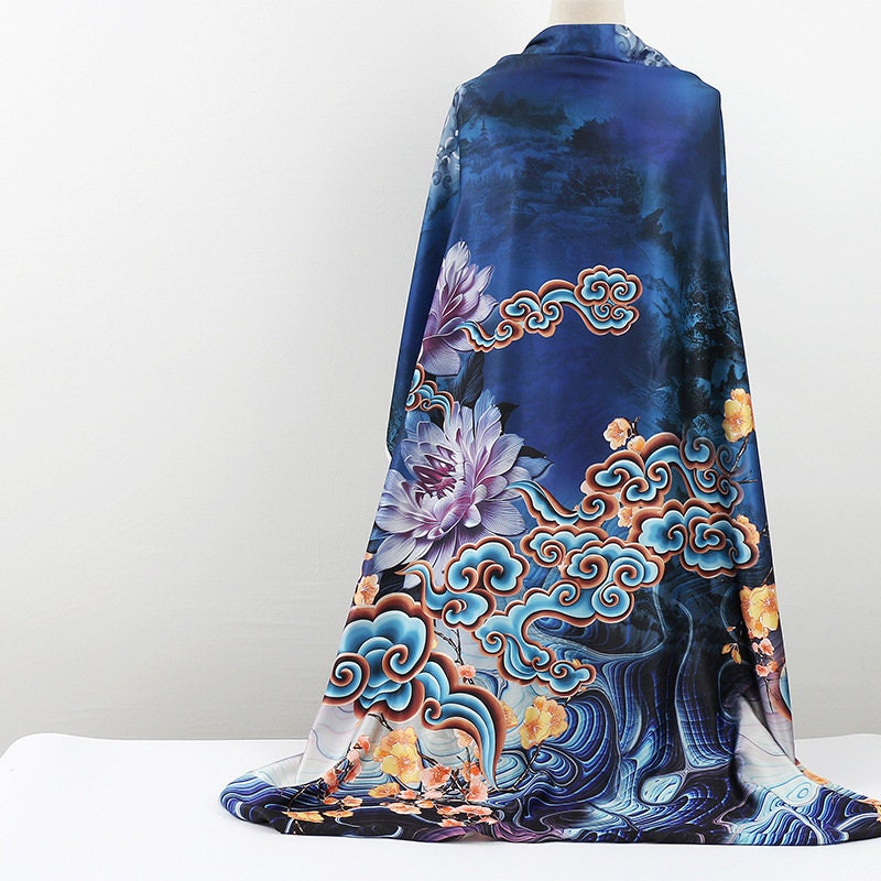 Dunhuang Floral Satin Fabric: 59"W Digital Print for Sewing & Decor