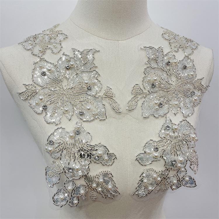 Embroidered Lace Trim: Light Ivory Bridal Wedding Veil Fabric, Sequins (By Yard)