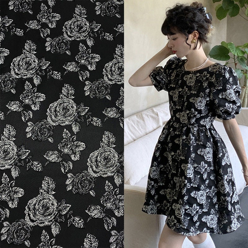 Black Jacquard Fabric: Embossed Peony Flower Design, 55" Wide