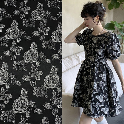 Black Jacquard Fabric: Embossed Peony Flower Design, 55" Wide