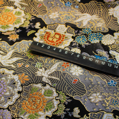 Tissu Kinran de Nishijin Crane : Brocart de soie jacquard damassé noir (largeur 59")