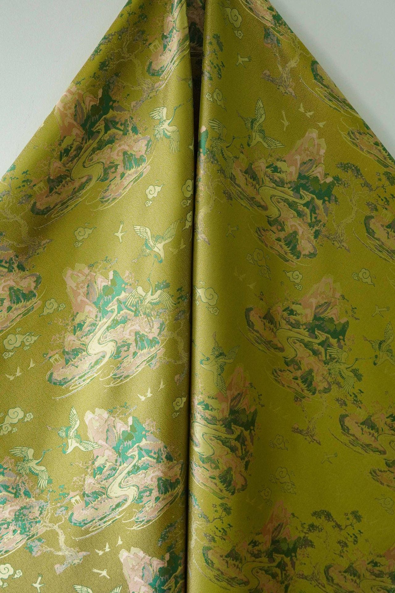 Embossed Jacquard Fabric: 3D Yellow Green Retro Upholstery, Dress, Curtain Material