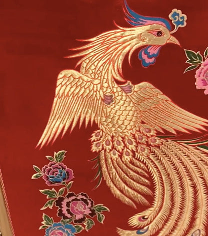 Red Phoenix Brocade Fabric: Chinese Jacquard Satin (29.5"W)