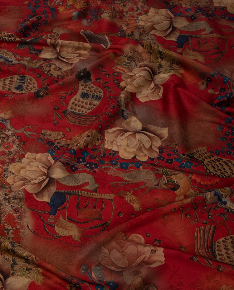 Floral Tea Silk Satin Fabric: 59"W Digital Print Gambiered Canton Gauze