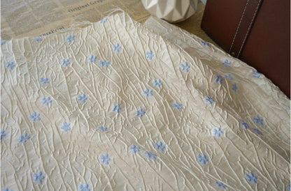 Embossed Beige Polyester Fabric, Blue Flowers, Upholstery & Costume, 56"W