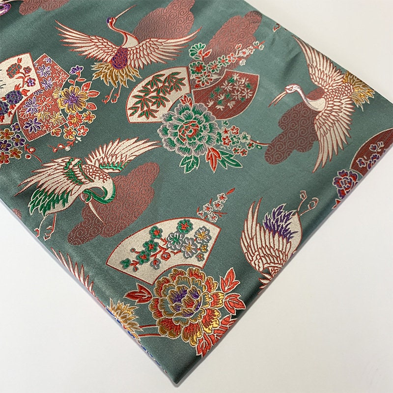 Nishijin Japanese Brocade Fabric: Crane & Fan Jacquard Silk Rayon Blend (57"W)