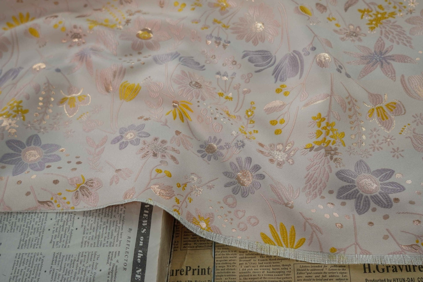 Light Pink Floral Jacquard Fabric: Gold Shimmering Embossed Woven, 57"W