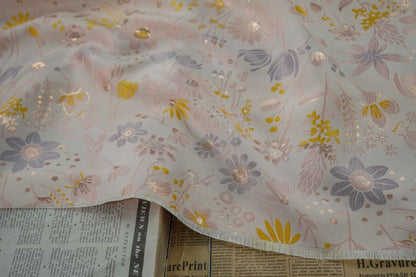 Light Pink Floral Jacquard Fabric: Gold Shimmering Embossed Woven, 57"W