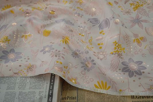 Light Pink Floral Jacquard Fabric: Gold Shimmering Embossed Woven, 57"W