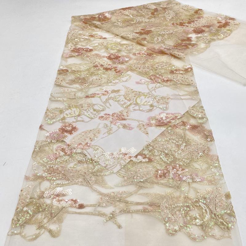 Colorful Sequin Embroidered Mesh Lace Fabric, Floral Wedding Dress Material, 49"W