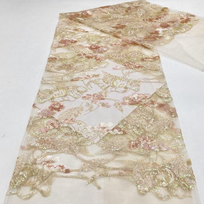 Colorful Sequin Embroidered Mesh Lace Fabric, Floral Wedding Dress Material, 49"W
