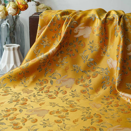 Floral Rabbit Brocade Fabric, Yellow Chinese Jacquard, 58" Wide