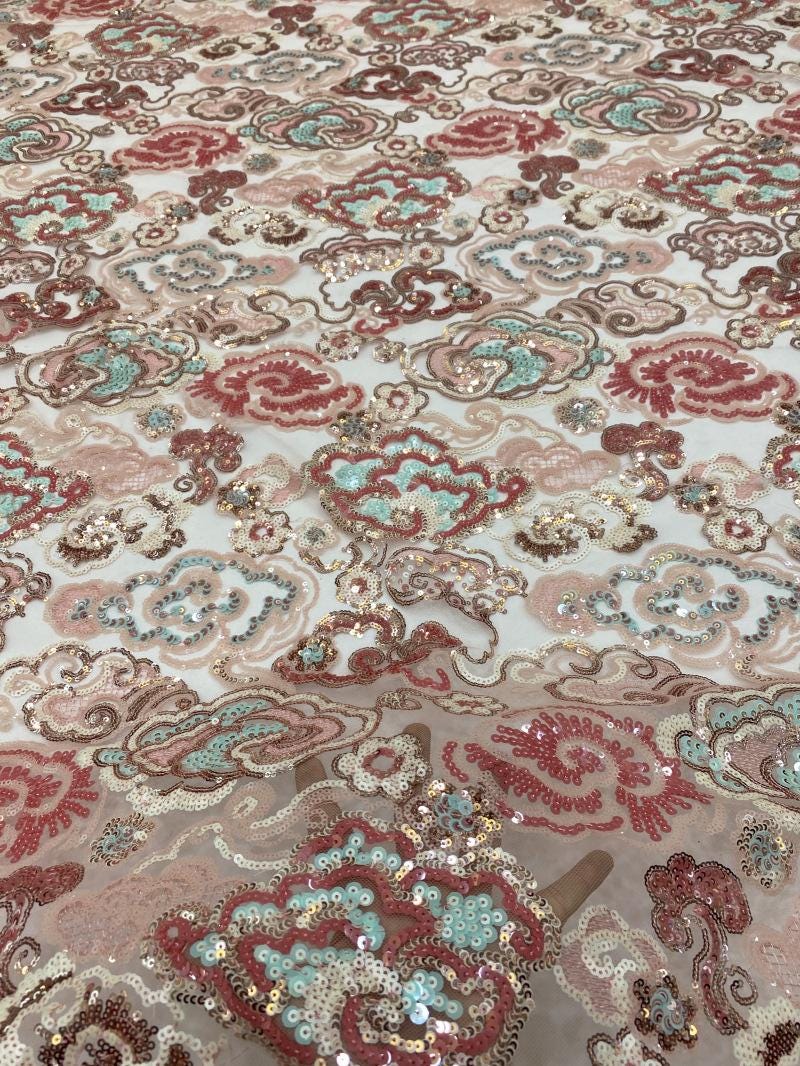 Auspicious Cloud Sequin Embroidery Fabric: Soft See-Through Polyester