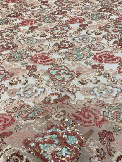 Auspicious Cloud Sequin Embroidery Fabric: Soft See-Through Polyester