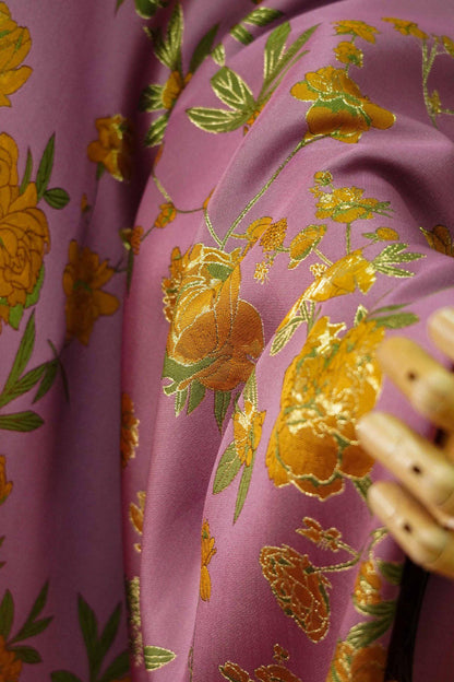 Gold Thread Purple Jacquard Fabric: Peony Pattern, 59" Wide