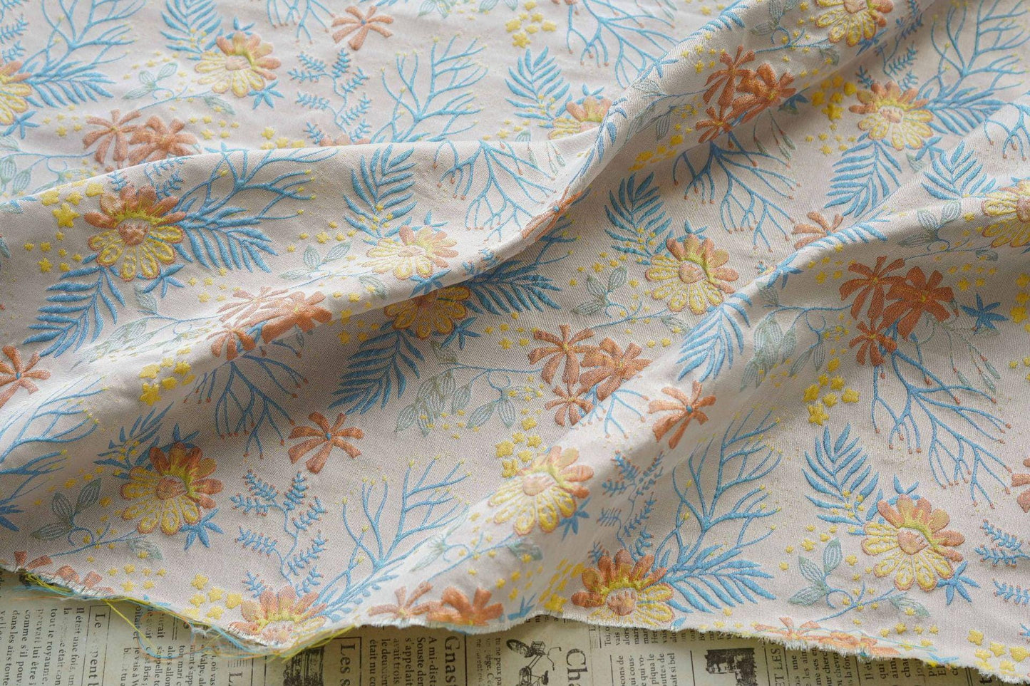 Reversible Jacquard Woven Fabric: Blue & Yellow Floral Upholstery, Costume, Decor - 64"W