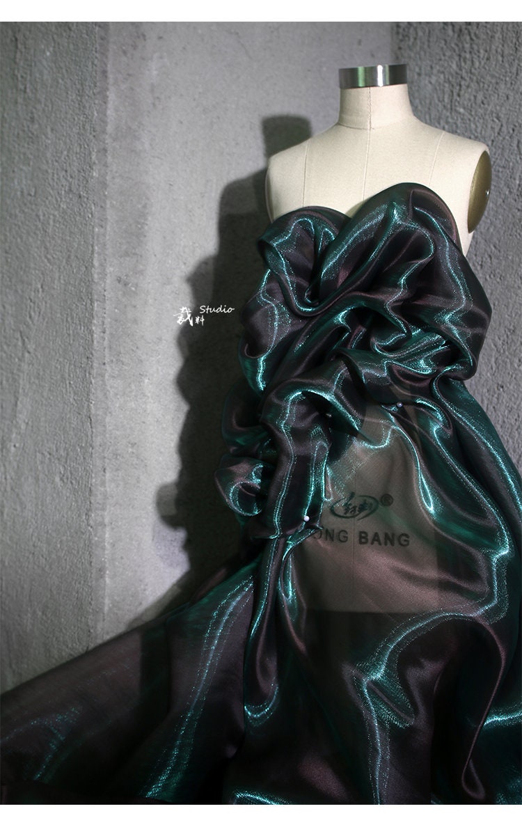 Aurora Green Glitter Organza Fabric: Luxury Sheer Wedding Material