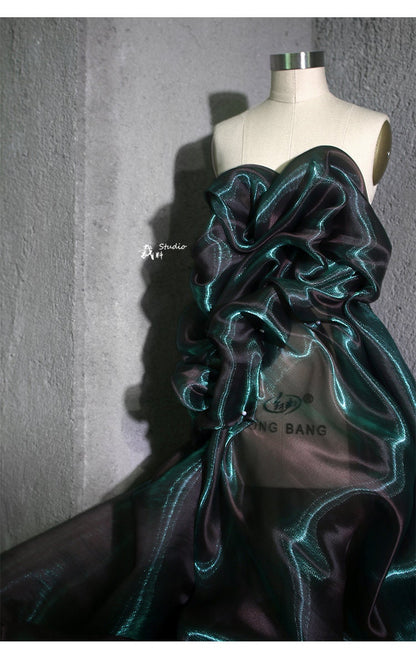 Aurora Green Glitter Organza Fabric: Luxury Sheer Wedding Material