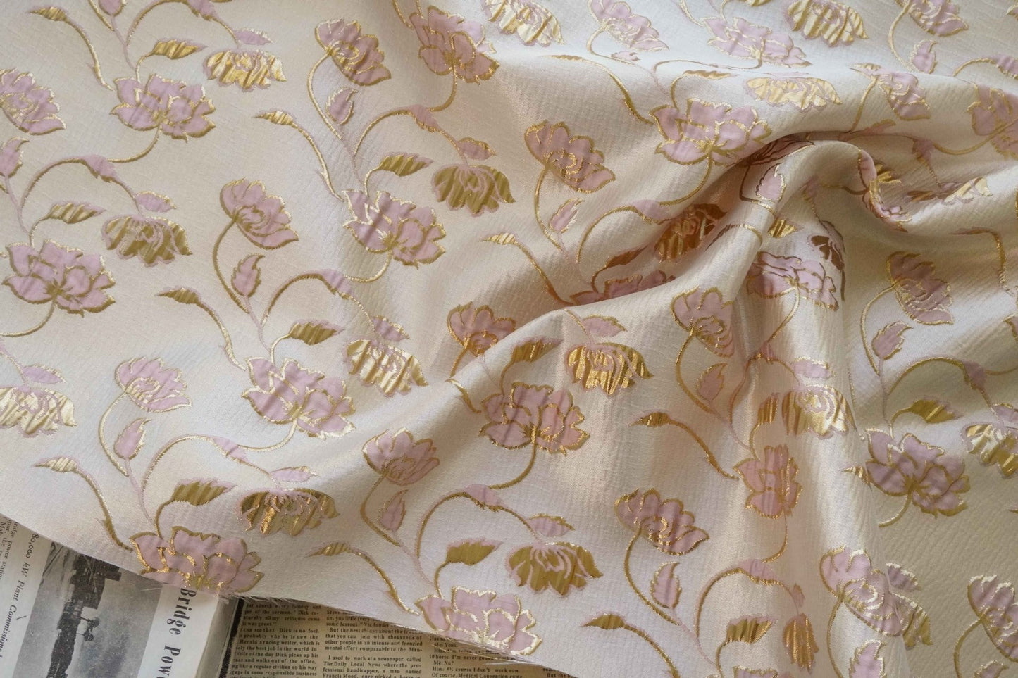 Floral Jacquard Woven Fabric: Gold Thread Embossed Upholstery, 57"W