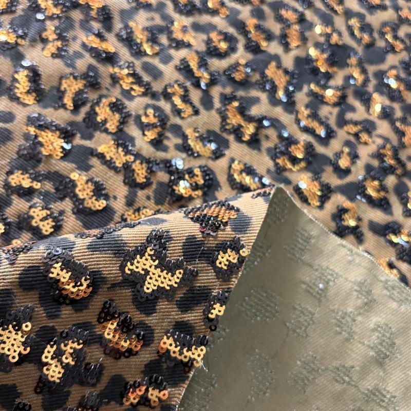Leopard Print Cotton Denim Fabric ��� Sequin Embroider" Wide