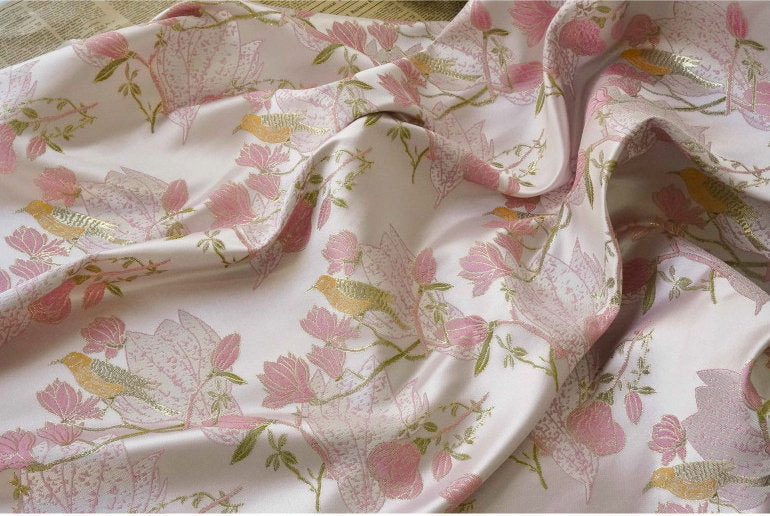 Pink & Gold Bird Brocade Fabric: 59"W Silk Rayon Blend