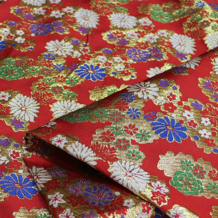 Japanese Floral Brocade Fabric: Gold & Silver Woven Damask (By The Meter)