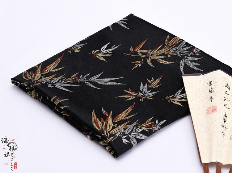 Black Bamboo Leaves Silk Brocade Fabric: Costume & Decor