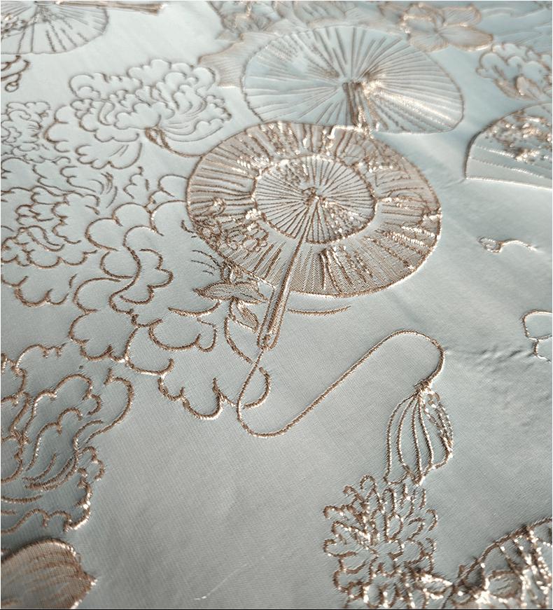 Tissu jacquard gaufré à motif éventail de lotus avec fil doré, 147 cm de large