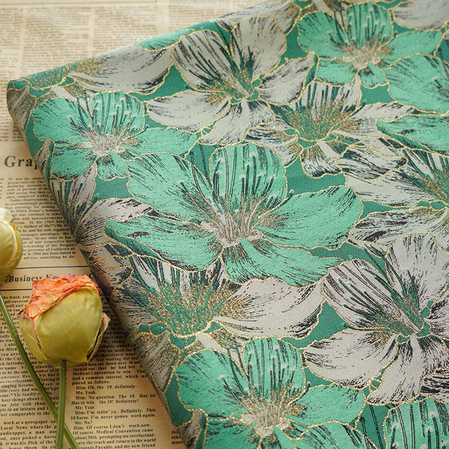 Gold Thread Floral Jacquard Fabric: 65"W Designer Upholstery
