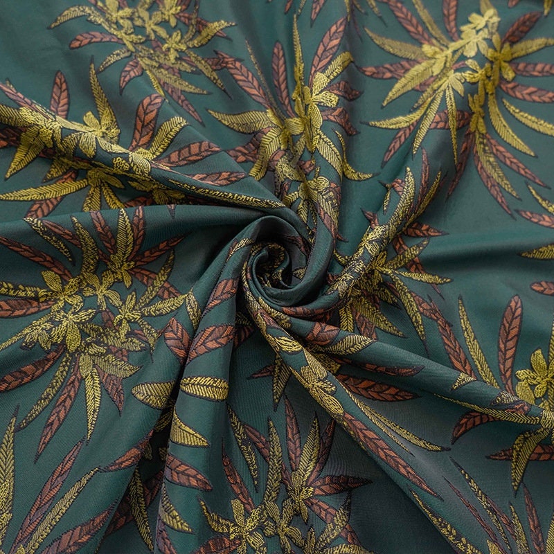 Tissu jacquard réversible vert foncé : revêtement d’ameublement tissé à motif floral en relief, 162,5 cm de large