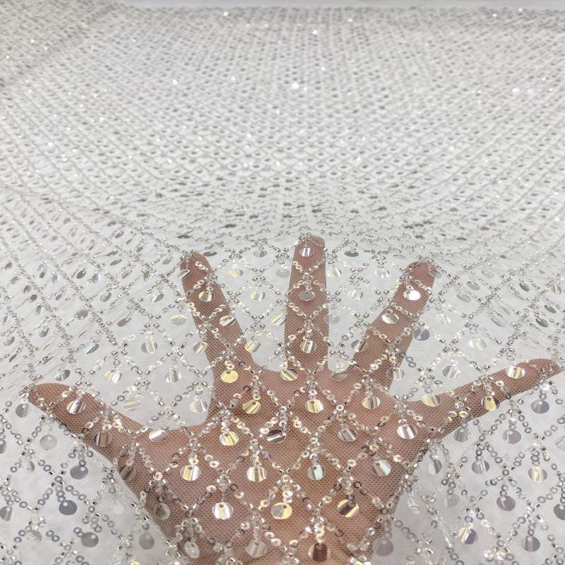Crystal Sequin Embroidery Fabric: See-Through Wedding Dress Material