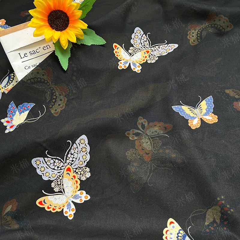Butterfly Print Cotton Fabric: Black New Chinese Style (56" Wide)